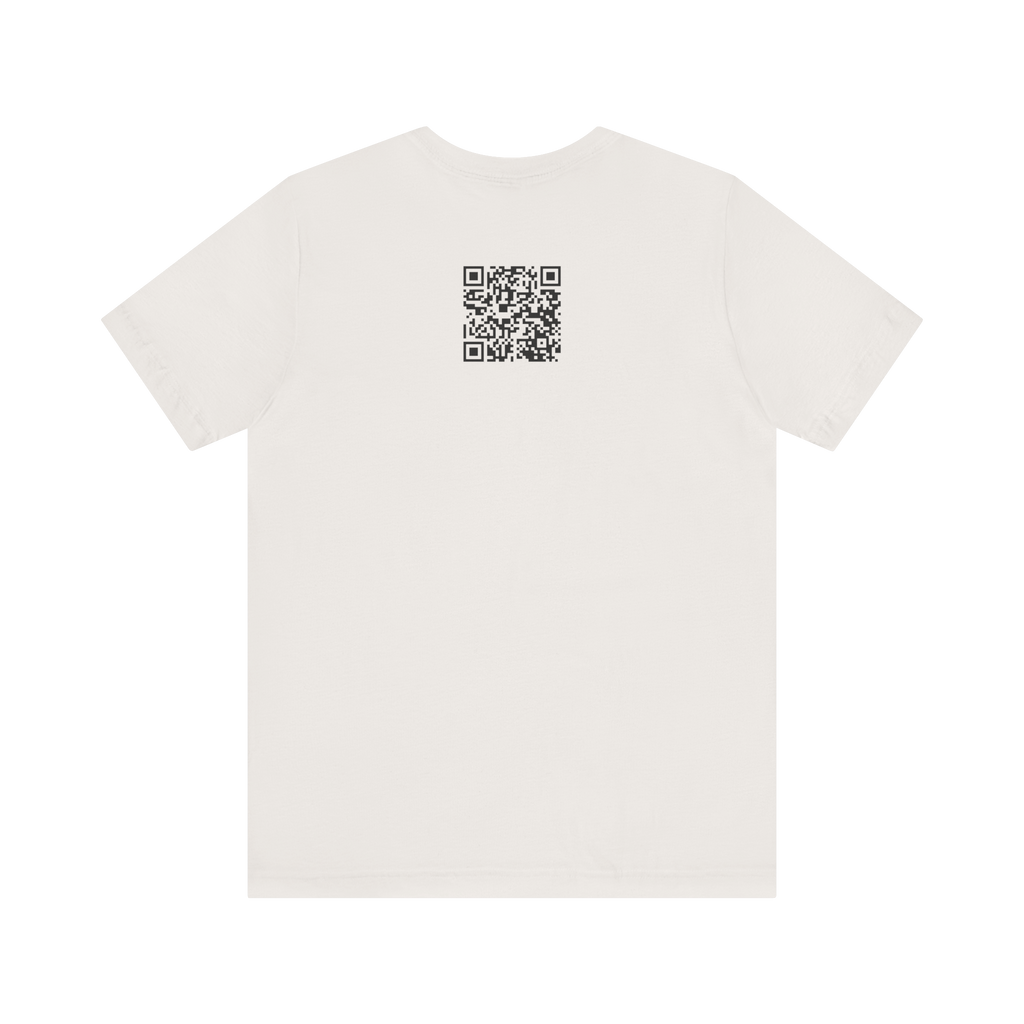Back of a white crewneck t-shirt with a black QR code centered below the collar. Women's funny woodworking graphic tee shirt for female woodworkers, makers, and DIY builders — Sawdust & Ponytails.