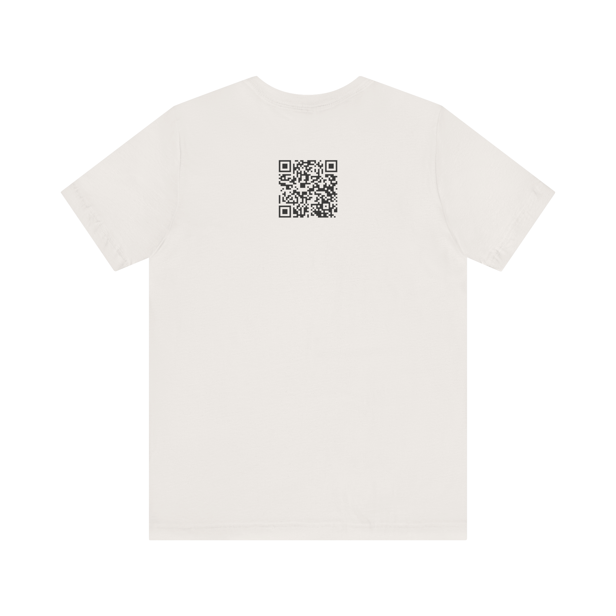 Back of a white crewneck t-shirt with a black QR code centered below the collar. Women's funny woodworking graphic tee shirt for female woodworkers, makers, and DIY builders — Sawdust & Ponytails.