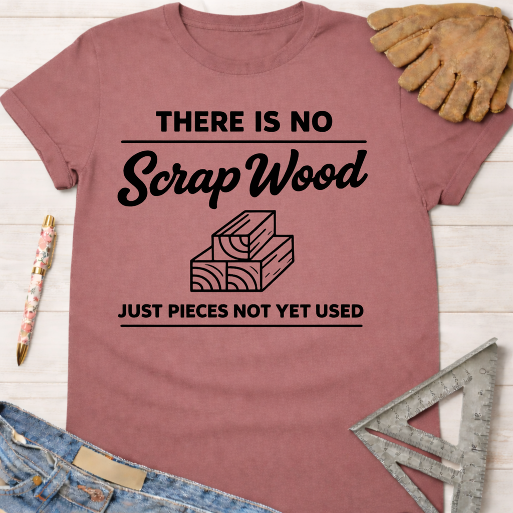 Women's funny woodworking graphic tee shirt for female woodworkers, makers, and DIY builders — Sawdust & Ponytails. Mauve cotton t-shirt with "There Is No Scrap Wood Just Pieces Not Yet Used" text and wood stack graphic.