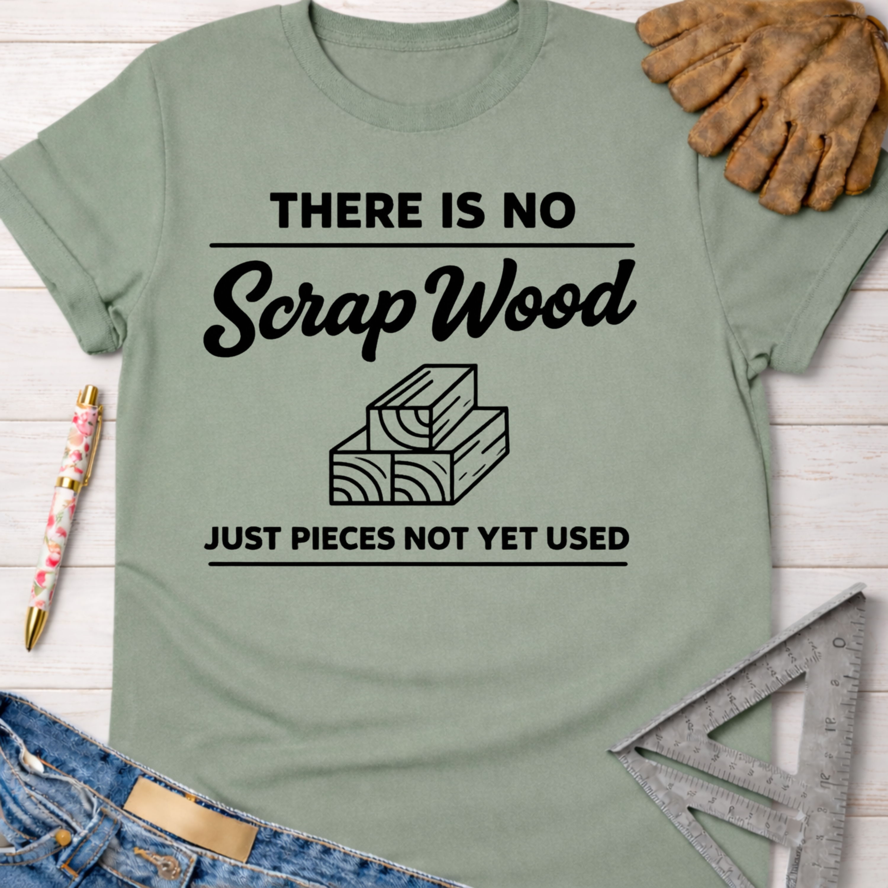 Women's funny woodworking graphic tee shirt for female woodworkers, makers, and DIY builders — Sawdust & Ponytails. Sage green cotton tee with "THERE IS NO Scrap Wood JUST PIECES NOT YET USED" text and wood stack graphic.