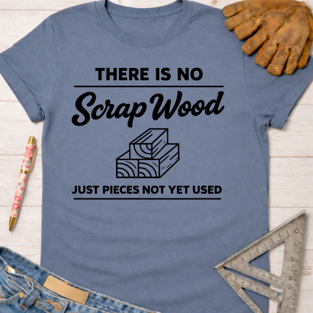 Blue women's funny woodworking graphic tee shirt for female woodworkers, makers, and DIY builders — Sawdust & Ponytails.