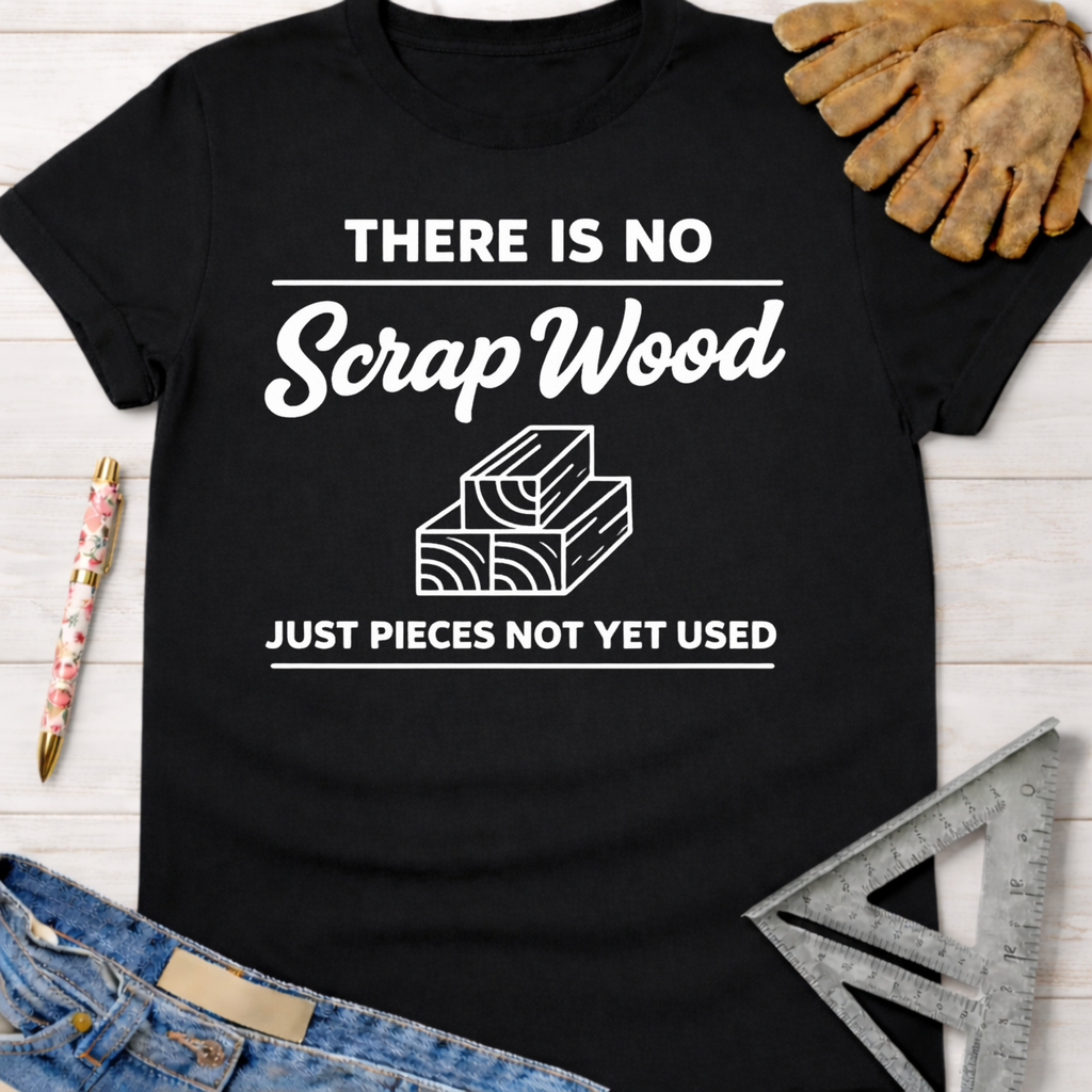 Women's funny woodworking graphic tee shirt for female woodworkers, makers, and DIY builders — Sawdust & Ponytails. Black cotton tee with "There Is No Scrap Wood Just Pieces Not Yet Used" text and wood stack graphic.