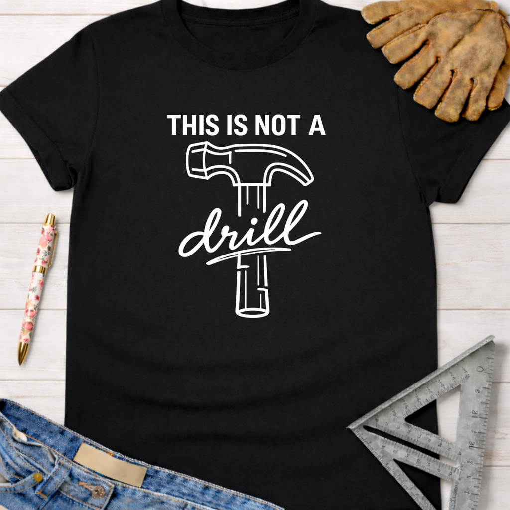 Black cotton tee with "THIS IS NOT A drill" graphic featuring a hammer outline. Women's funny woodworking graphic tee shirt for female woodworkers, makers, and DIY builders — Sawdust & Ponytails.