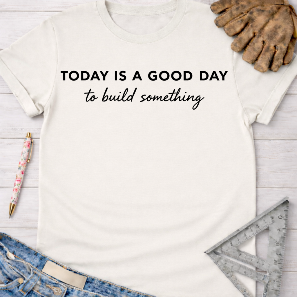 Women's funny woodworking graphic tee shirt for female woodworkers, makers, and DIY builders — Sawdust & Ponytails. White cotton t-shirt with "TODAY IS A GOOD DAY to build something" in black text, styled with jeans, work gloves, and a ruler.