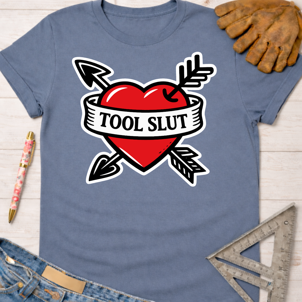 Women's funny woodworking graphic tee shirt for female woodworkers, makers, and DIY builders — Sawdust & Ponytails. Blue cotton tee with a red heart, arrows, and "TOOL SLUT" banner.
