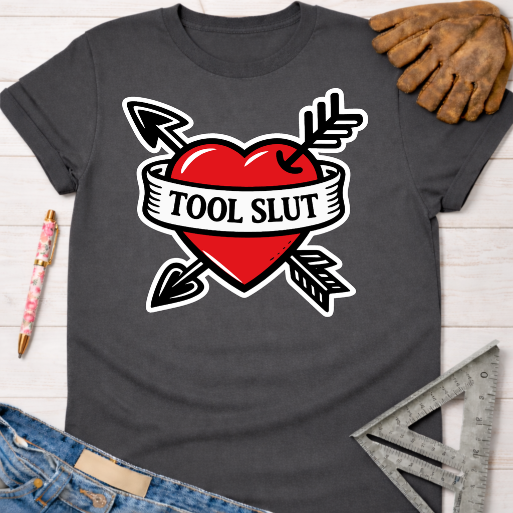 Women's funny woodworking graphic tee shirt for female woodworkers, makers, and DIY builders — Sawdust & Ponytails. Dark gray t-shirt with a red heart, crossed arrows, and "TOOL SLUT" banner.