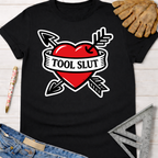 Black "Tool Slut" heart and arrows graphic tee for women. Women's funny woodworking graphic tee shirt for female woodworkers, makers, and DIY builders — Sawdust & Ponytails