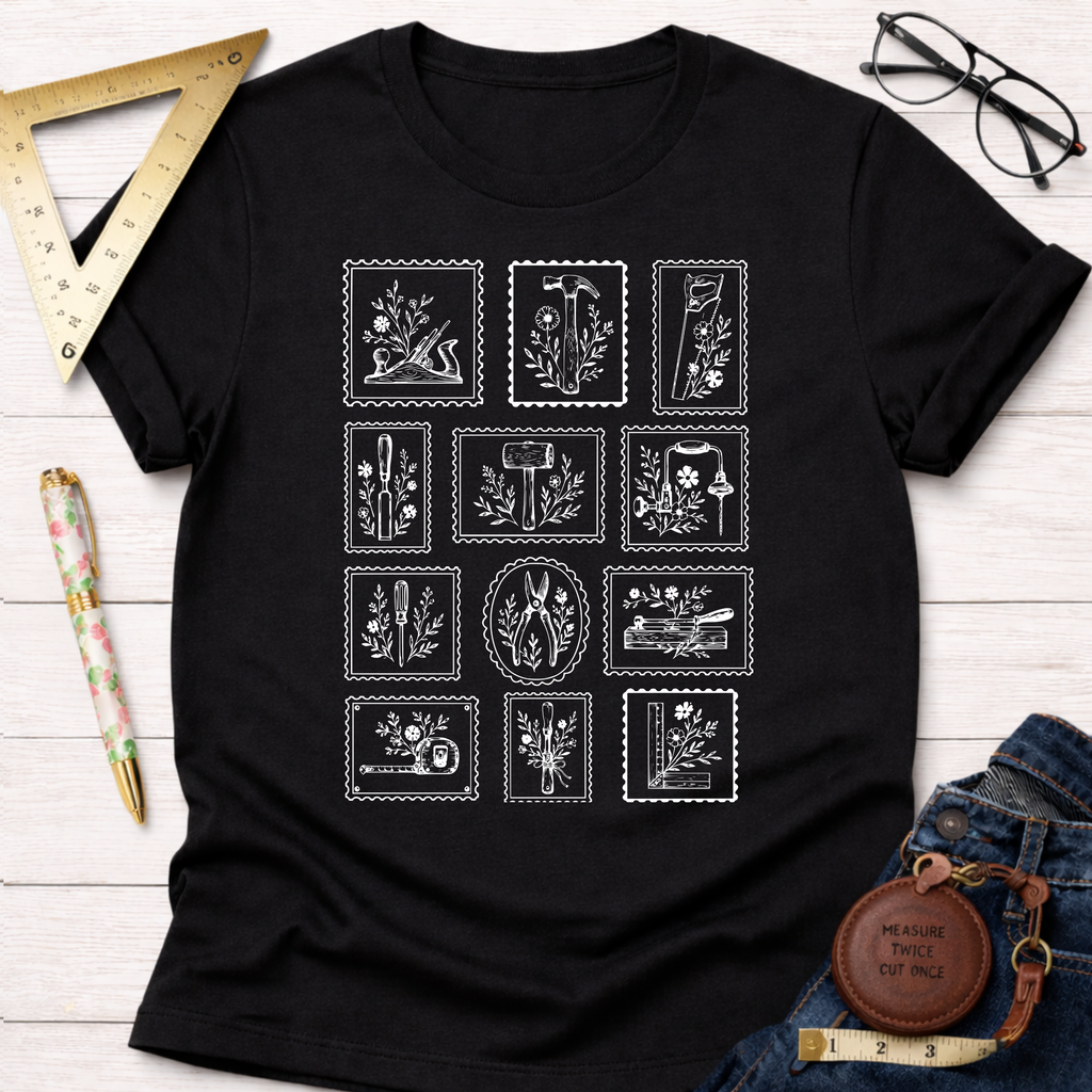 Black cotton Tool Stamps T-shirt with white woodworking tool graphics, styled with jeans and glasses.