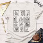 Cream cotton Tool Stamps T-shirt with black woodworking tool graphics in a stamp design.