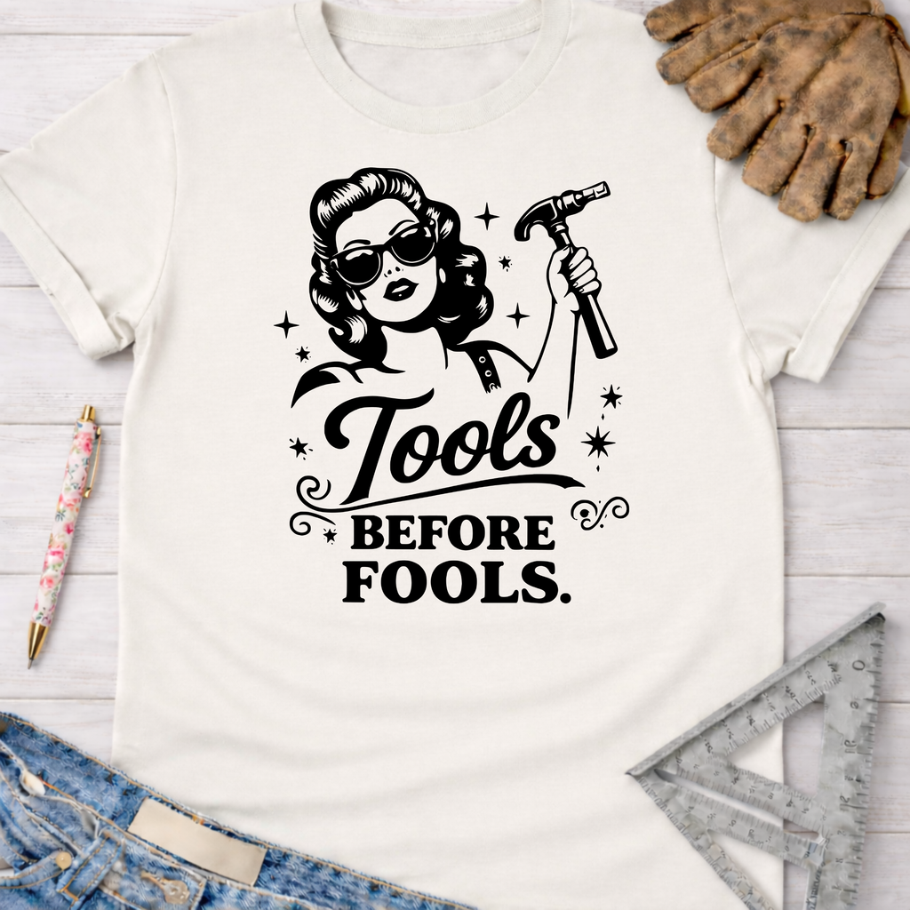 Women's funny woodworking graphic tee shirt for female woodworkers, makers, and DIY builders — Sawdust & Ponytails. White cotton tee with "Tools Before Fools" graphic.