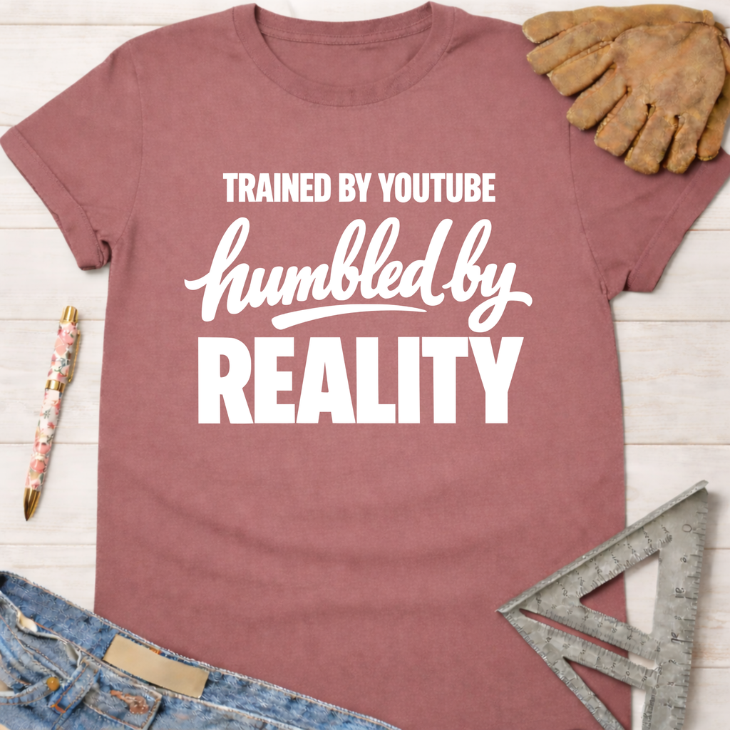 Women's funny woodworking graphic tee shirt for female woodworkers, makers, and DIY builders — Sawdust & Ponytails. Mauve cotton t-shirt with "Trained By YouTube Humbled By REALITY" in white text.