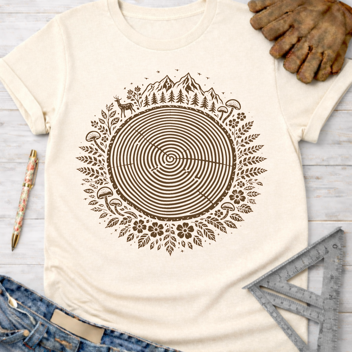 Women's funny woodworking graphic tee shirt for female woodworkers, makers, and DIY builders — Sawdust & Ponytails. Cream t-shirt with brown tree ring, deer, mountain, and mushroom graphic.
