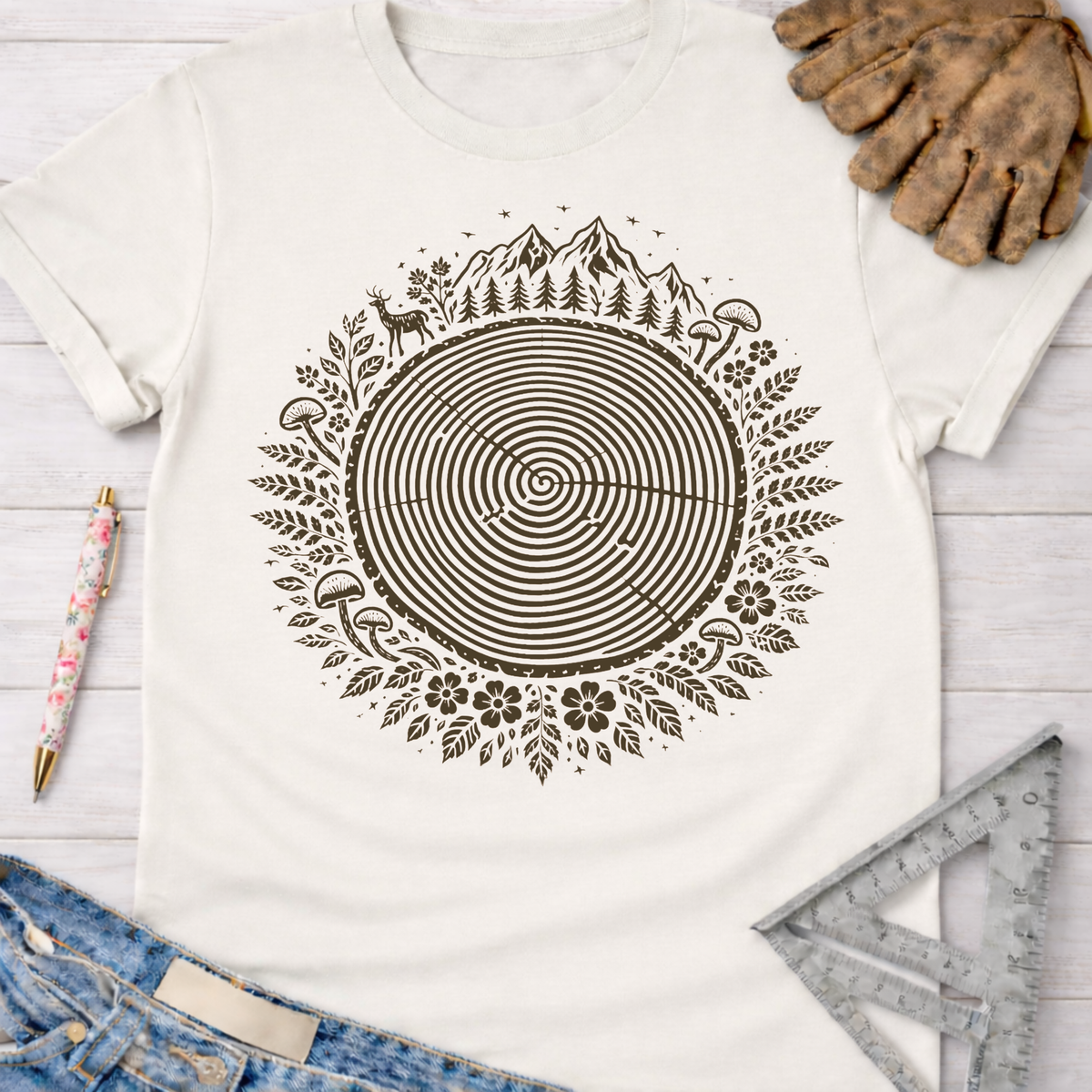 Women's funny woodworking graphic tee shirt for female woodworkers, makers, and DIY builders — Sawdust & Ponytails. Cream t-shirt with a brown tree ring graphic surrounded by mountains, deer, mushrooms, and foliage.