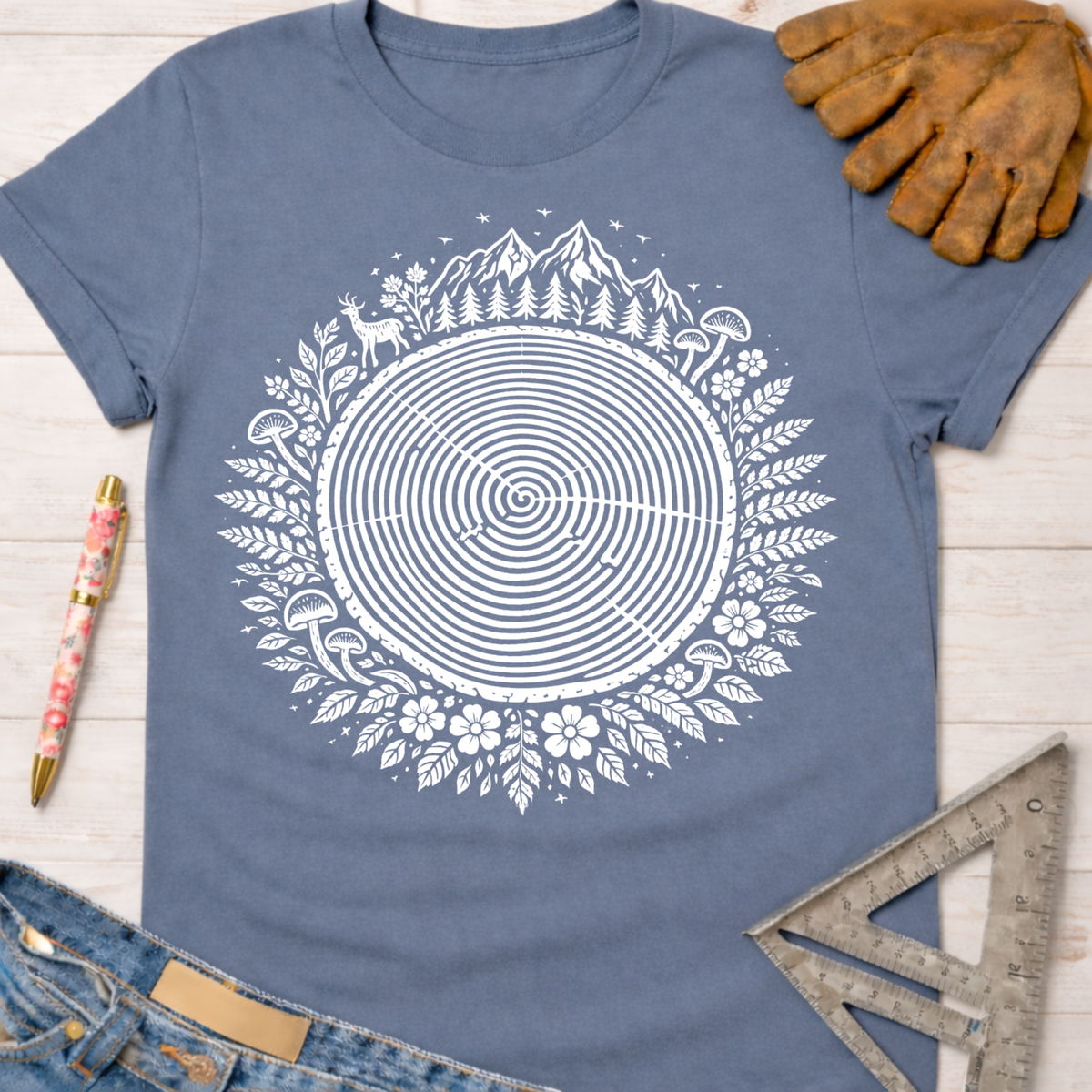Women's funny woodworking graphic tee shirt for female woodworkers, makers, and DIY builders — Sawdust & Ponytails. Blue t-shirt with white tree ring, deer, mountains, and floral design.