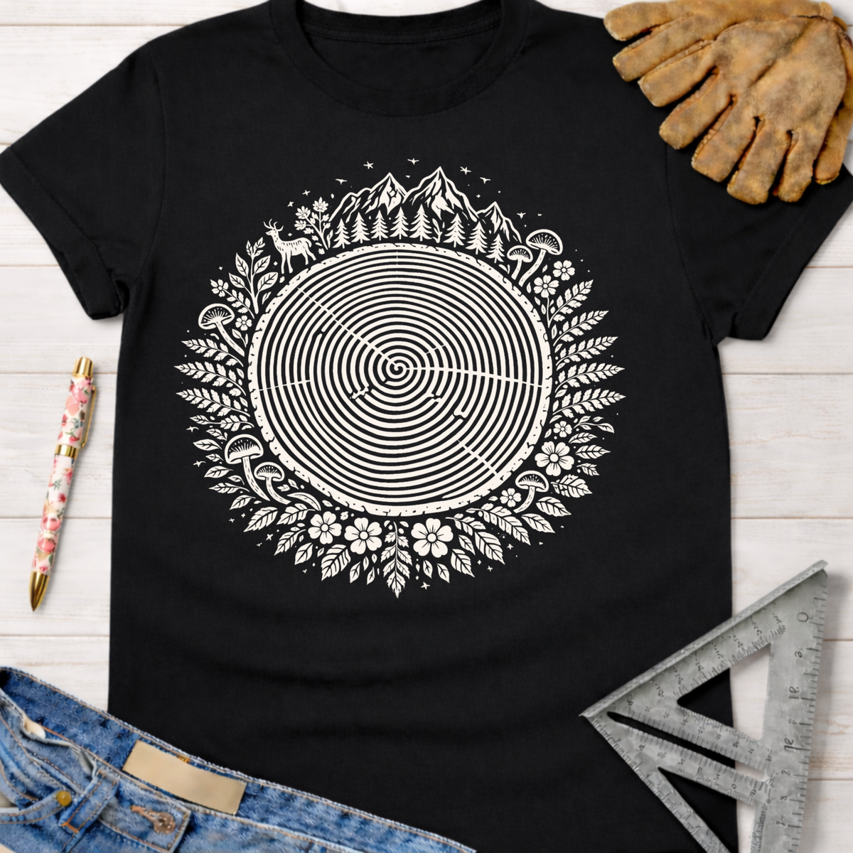 Women's funny woodworking graphic tee shirt for female woodworkers, makers, and DIY builders — Sawdust & Ponytails. Black cotton tee with a white tree ring and nature-inspired graphic.