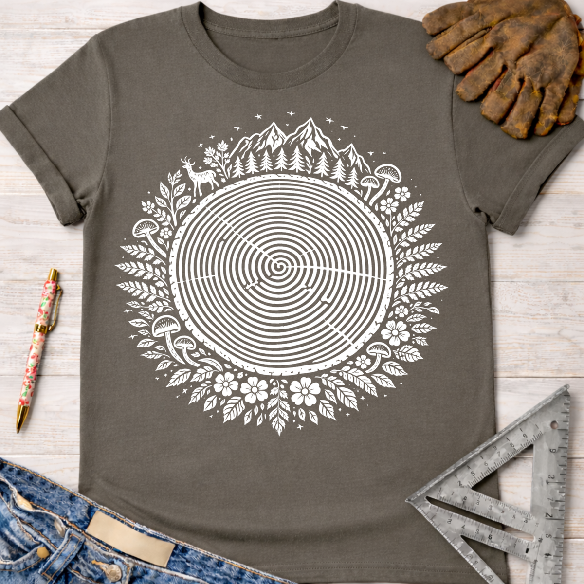 Women's funny woodworking graphic tee shirt for female woodworkers, makers, and DIY builders — Sawdust & Ponytails. Dark gray t-shirt with a white tree ring of life design.