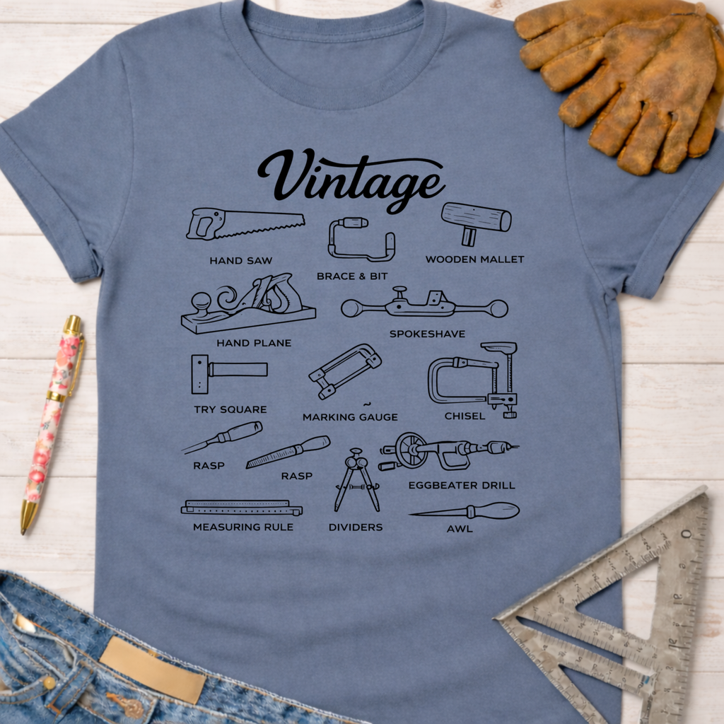 Women's funny woodworking graphic tee shirt for female woodworkers, makers, and DIY builders — Sawdust & Ponytails. Blue cotton tee with "Vintage" and classic tool illustrations.