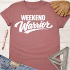 Women's funny woodworking graphic tee shirt for female woodworkers, makers, and DIY builders — Sawdust & Ponytails. Mauve cotton t-shirt with "Weekend Warrior" in white script.