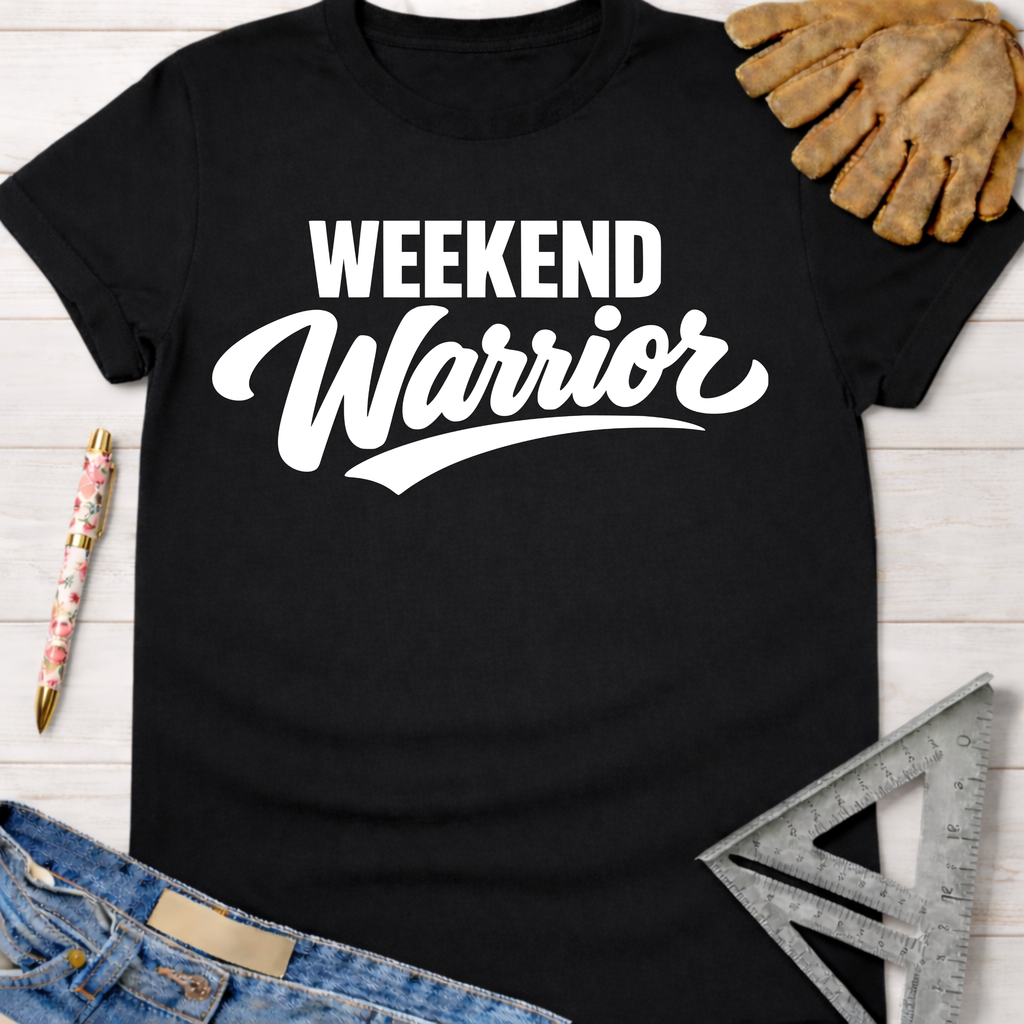 Black cotton "Weekend Warrior" graphic tee for female woodworkers, makers, and DIY builders — Sawdust & Ponytails.