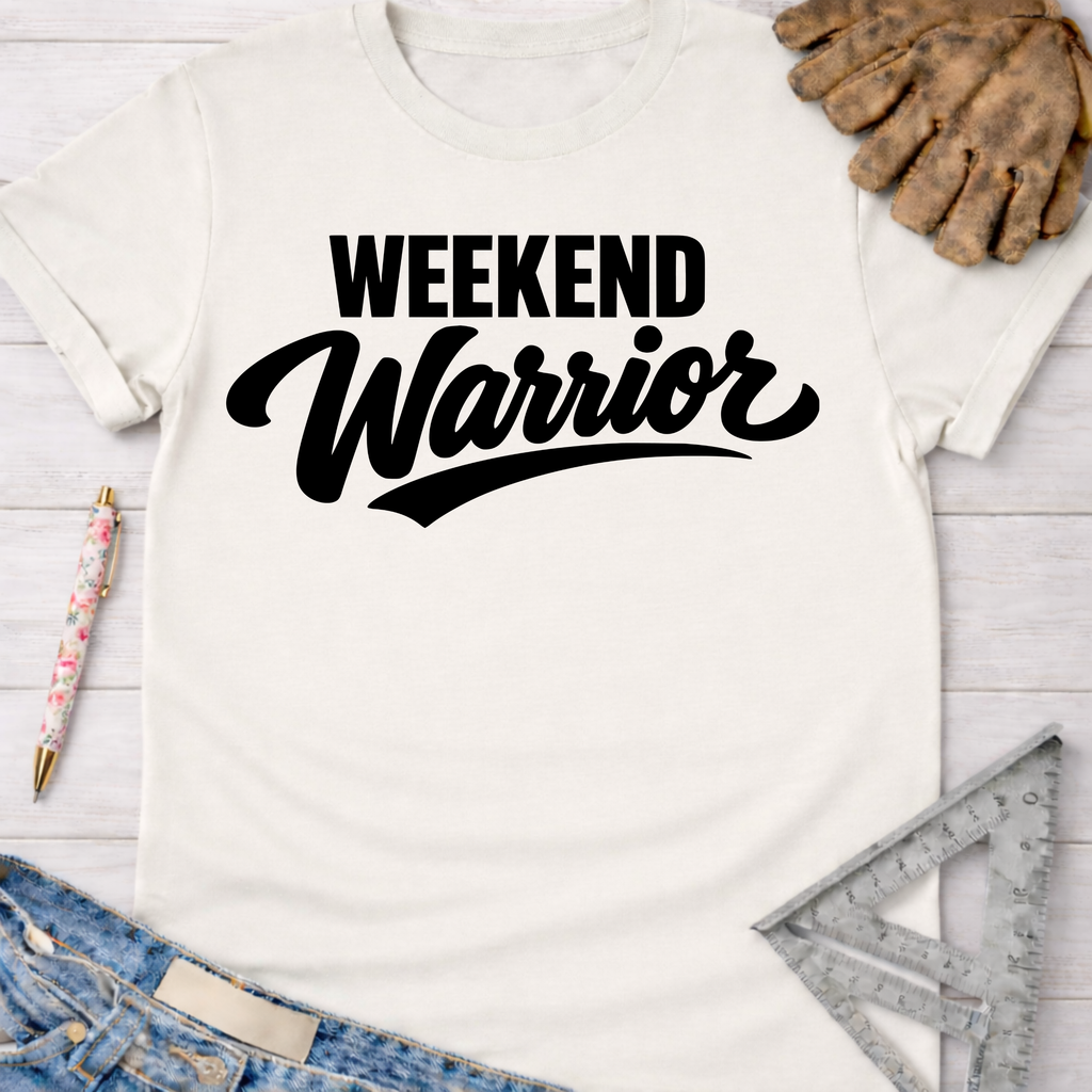 Women's funny woodworking graphic tee shirt for female woodworkers, makers, and DIY builders — Sawdust & Ponytails. Cream t-shirt with "Weekend Warrior" in black script.