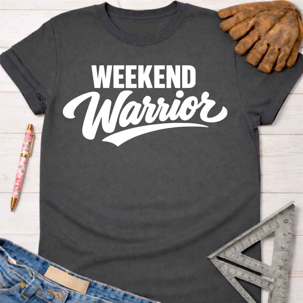 Women's funny woodworking graphic tee shirt for female woodworkers, makers, and DIY builders — Sawdust & Ponytails. Dark gray crew neck t-shirt with "Weekend Warrior" in white script.