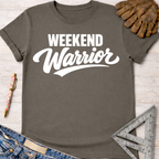 Women's funny woodworking graphic tee shirt for female woodworkers, makers, and DIY builders — Sawdust & Ponytails. Dark gray t-shirt with "Weekend Warrior" in white script.