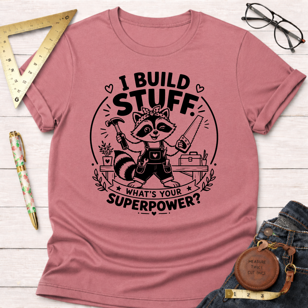 Pink cotton t-shirt with a cute raccoon builder graphic, "I Build Stuff. What's Your Superpower?" text.