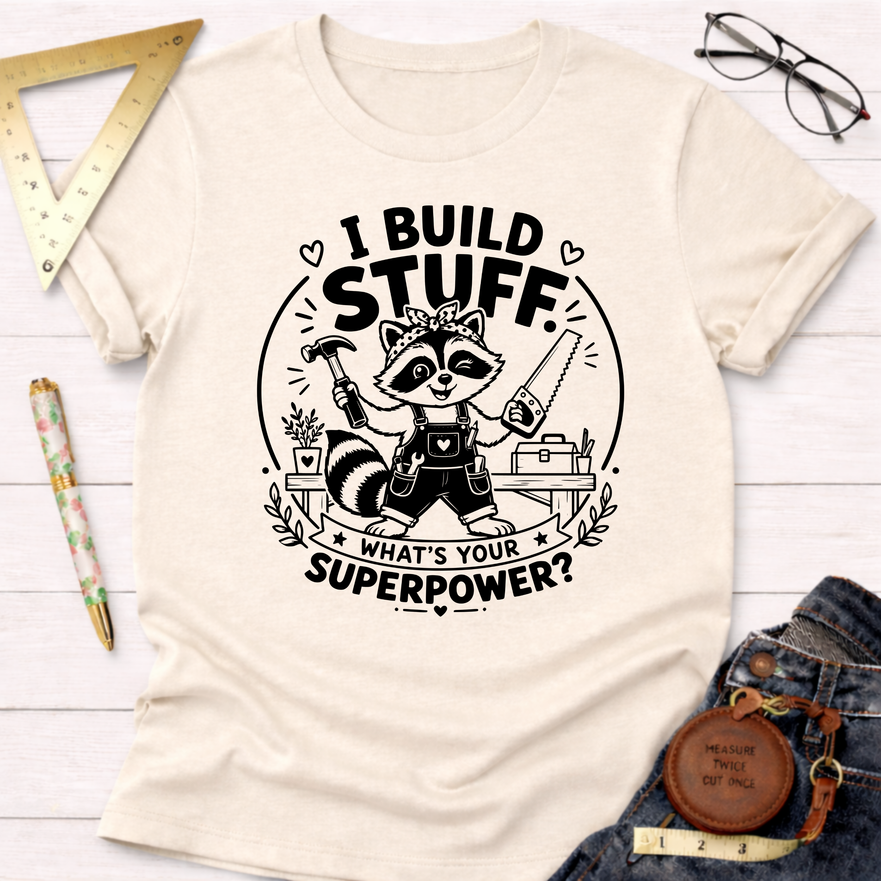 Cream cotton t-shirt with a black graphic of a raccoon builder holding a hammer and saw, text reads "I Build Stuff. What's Your Superpower?".