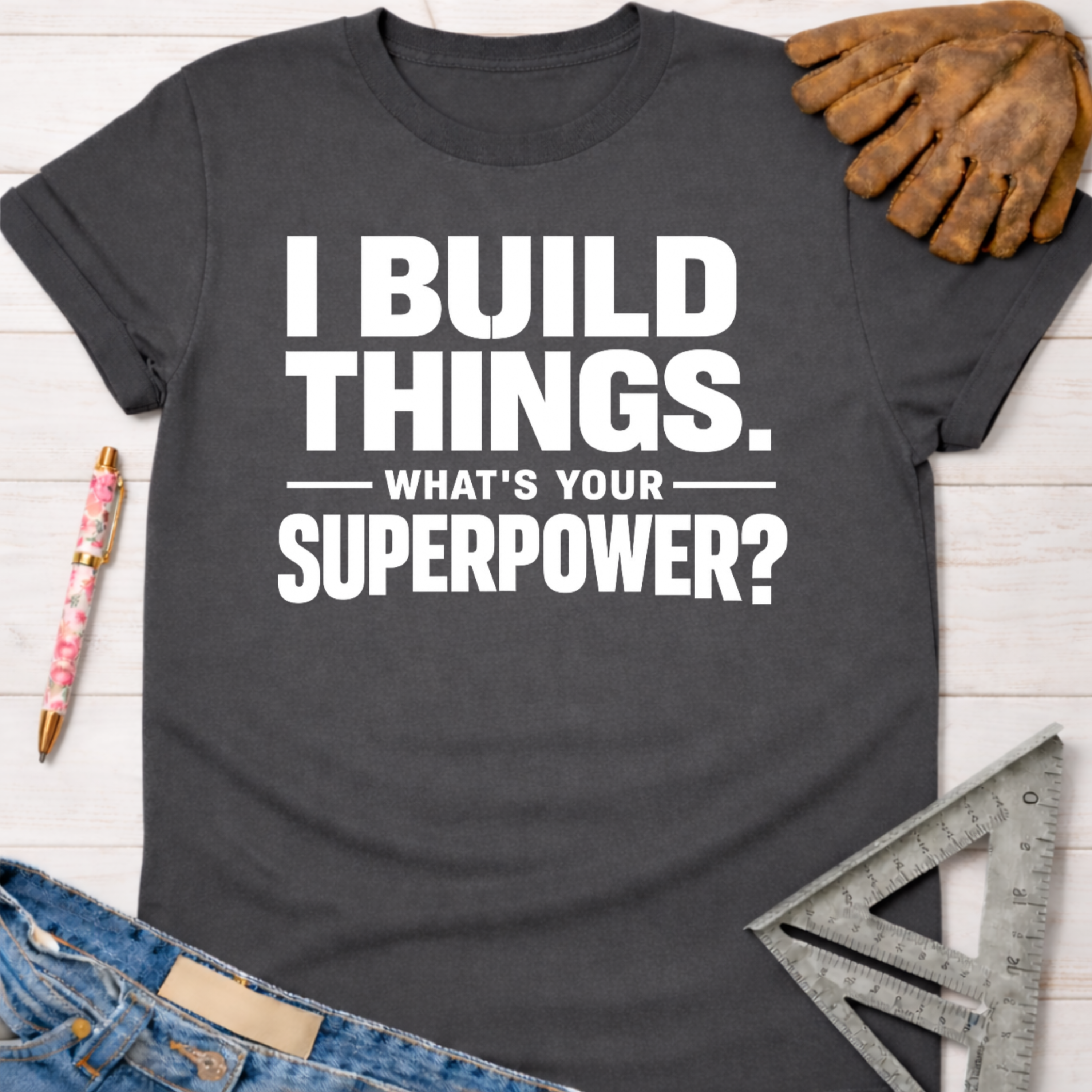 Charcoal gray women's "I Build Things. What's Your Superpower?" graphic tee. Women's funny woodworking graphic tee shirt for female woodworkers, makers, and DIY builders — Sawdust & Ponytails
