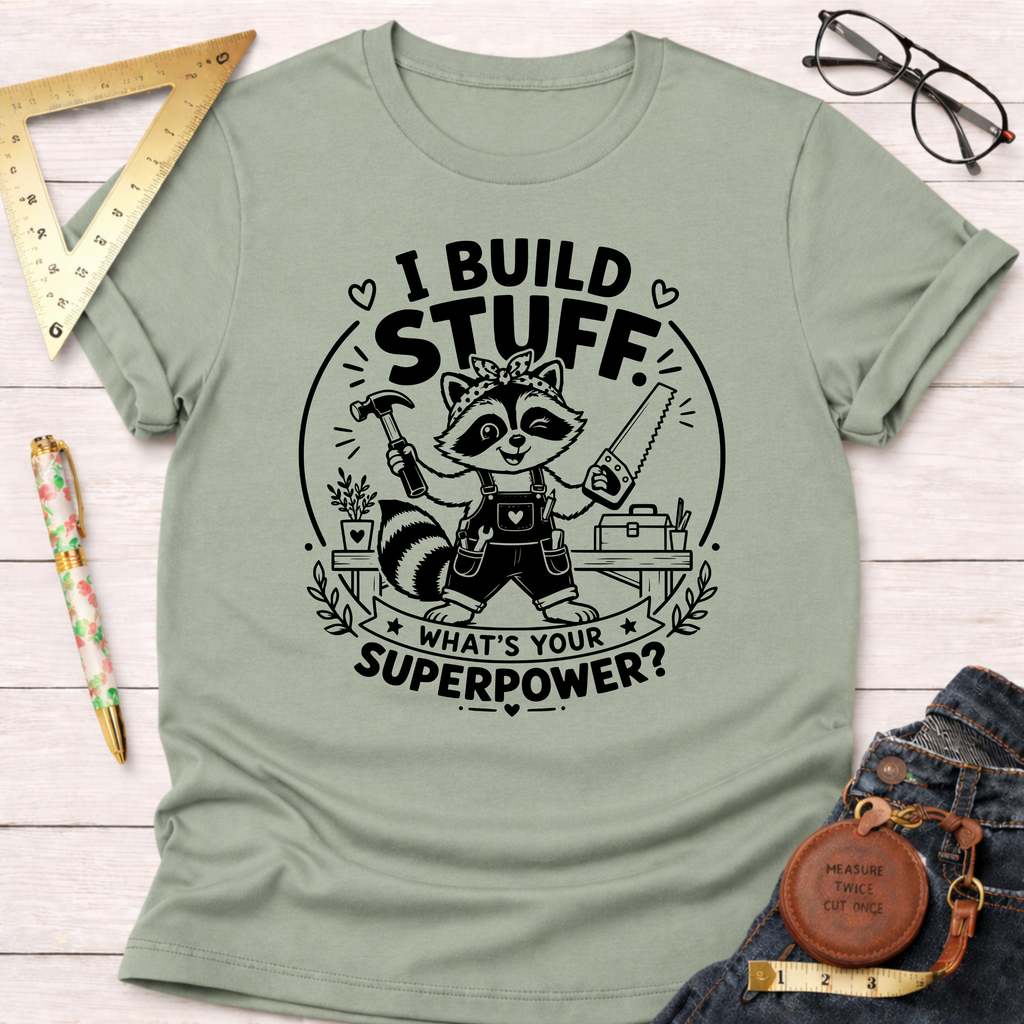 Sage green cotton t-shirt with a raccoon builder graphic holding a hammer and saw, "I Build Stuff. What's Your Superpower?" text.