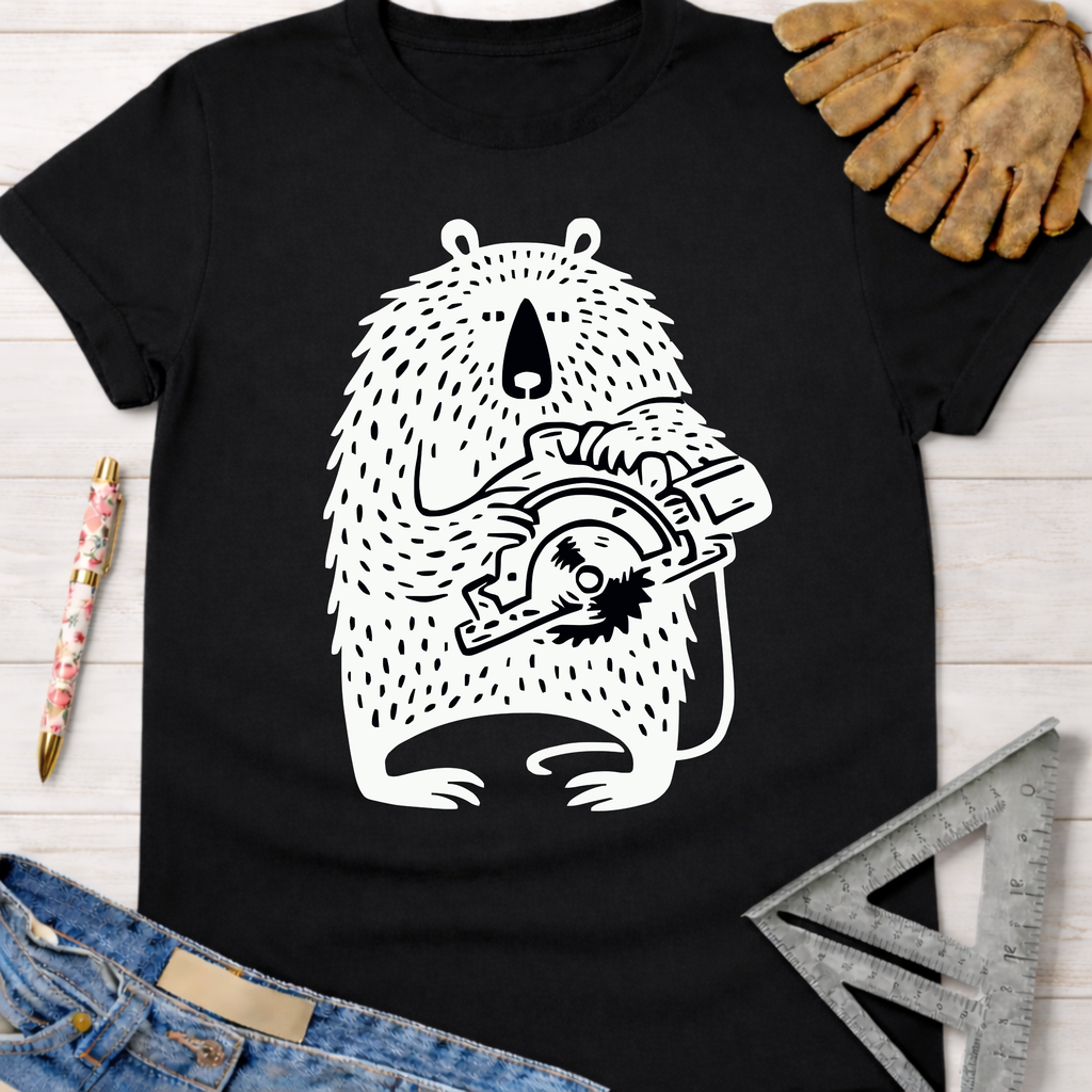 Black women's funny woodworking graphic tee with white bear holding a circular saw. Sawdust & Ponytails.