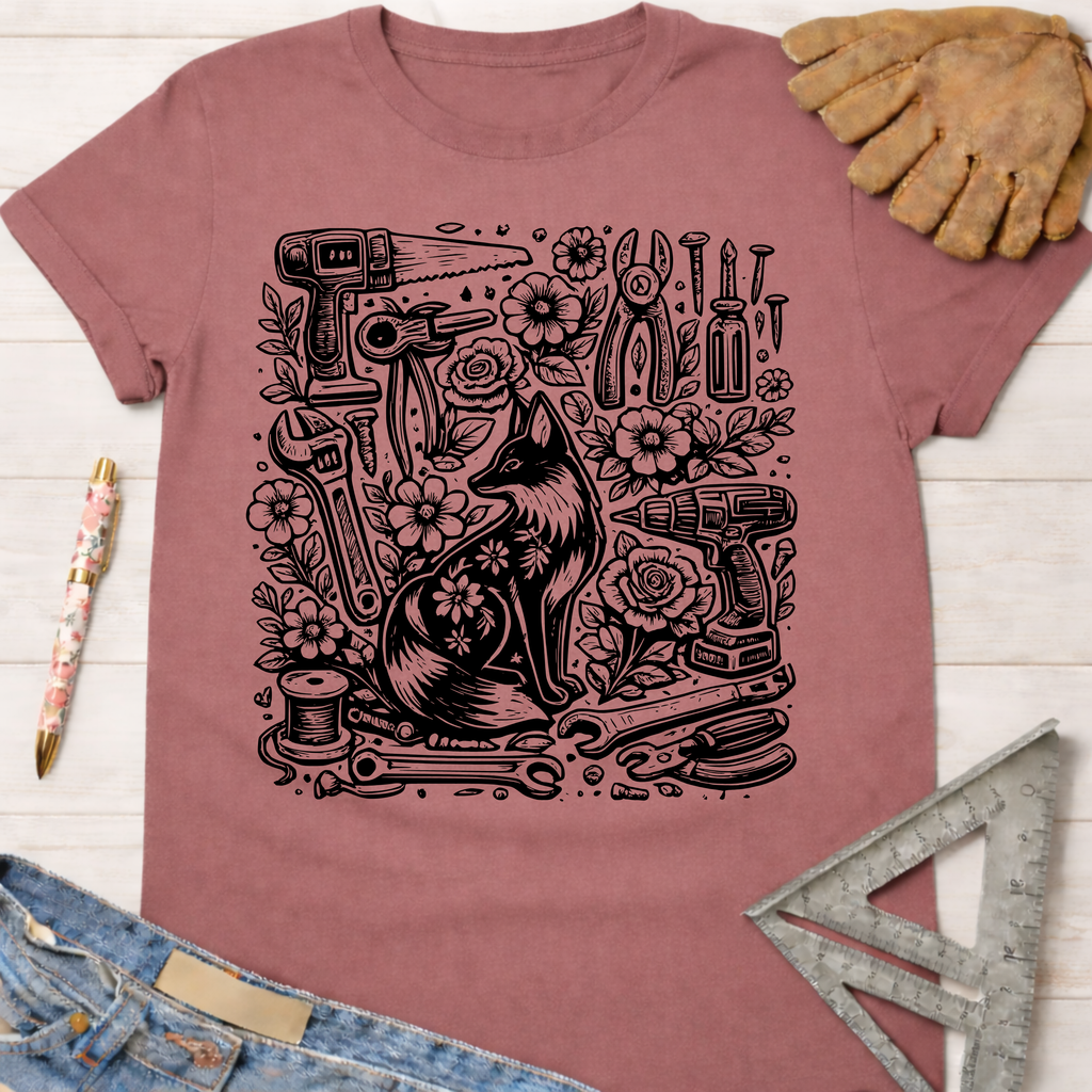 Women's funny woodworking graphic tee shirt for female woodworkers, makers, and DIY builders — Sawdust & Ponytails. Mauve t-shirt with black fox, tools, and floral design.