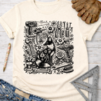 Cream women's funny woodworking graphic tee with a black whimsical fox and tools design. Sawdust & Ponytails.
