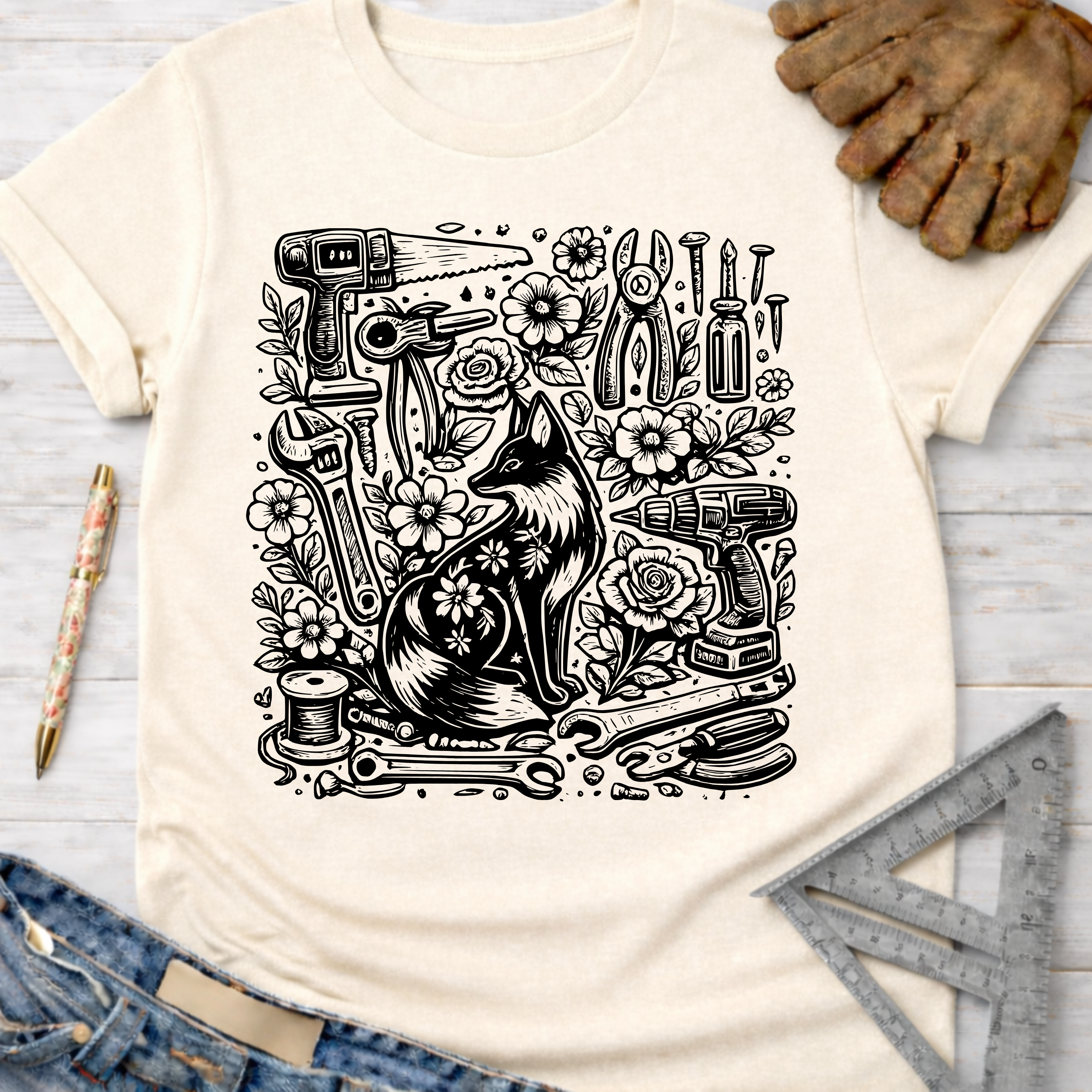 Cream women's funny woodworking graphic tee with a black whimsical fox and tools design. Sawdust & Ponytails.