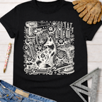 Black women's funny woodworking graphic tee with a whimsical fox, tools, and flowers. Sawdust & Ponytails.