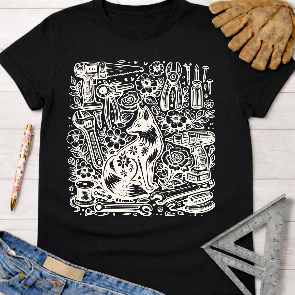 Black women's funny woodworking graphic tee with a whimsical fox, tools, and flowers. Sawdust & Ponytails.