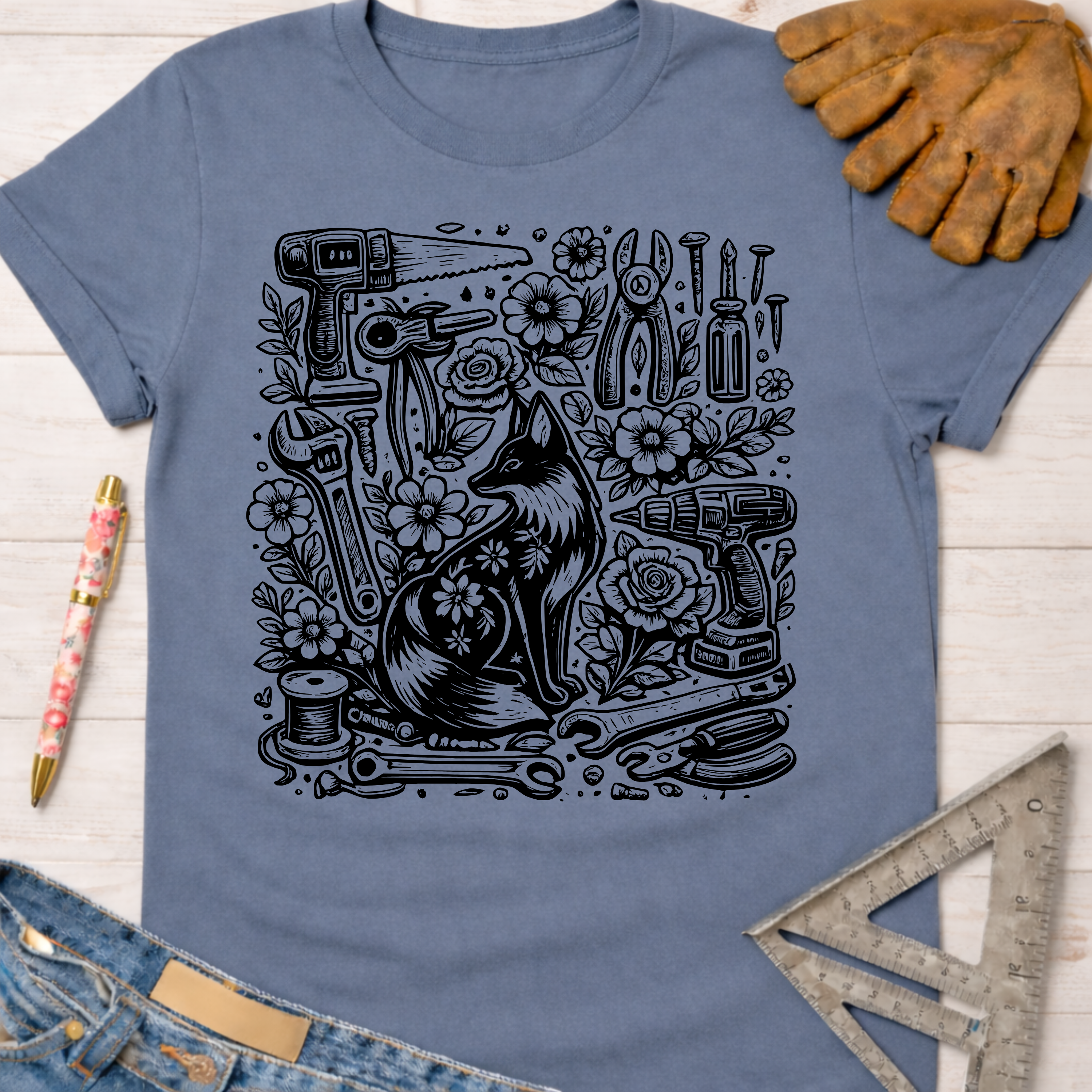 Women's funny woodworking graphic tee shirt for female woodworkers, makers, and DIY builders — Sawdust & Ponytails. Blue t-shirt with a black graphic of a fox surrounded by tools and flowers.
