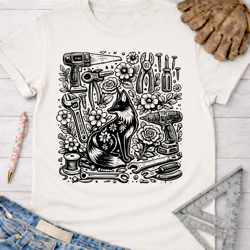 Women's funny woodworking graphic tee shirt for female woodworkers, makers, and DIY builders — Sawdust & Ponytails. Cream t-shirt with a black whimsical fox surrounded by tools and flowers.