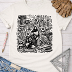 Women's funny woodworking graphic tee shirt for female woodworkers, makers, and DIY builders — Sawdust & Ponytails. Cream t-shirt with a black whimsical fox surrounded by tools and flowers.