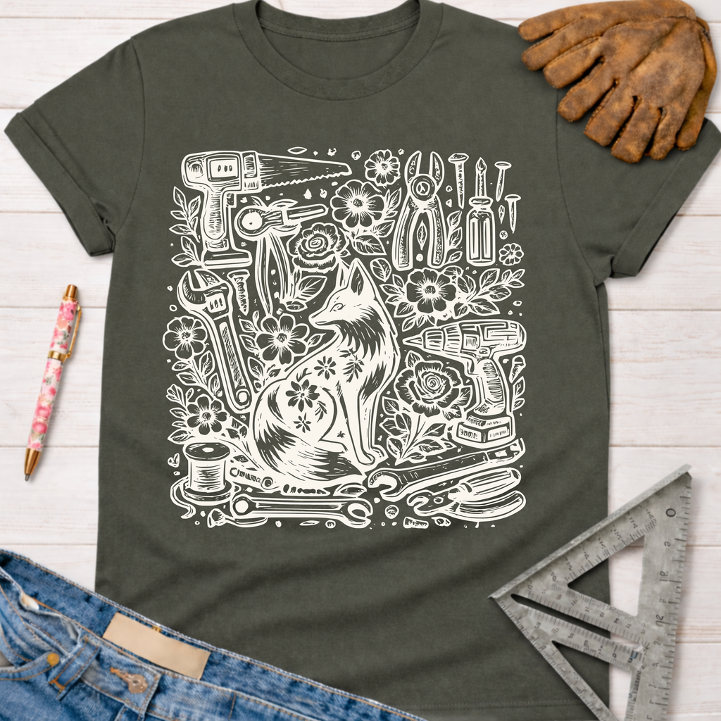 Women's funny woodworking graphic tee shirt for female woodworkers, makers, and DIY builders — Sawdust & Ponytails. Dark gray t-shirt with white fox and tools graphic.