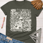 Women's funny woodworking graphic tee shirt for female woodworkers, makers, and DIY builders — Sawdust & Ponytails. Dark gray t-shirt with white fox and tools graphic.