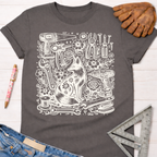 Women's funny woodworking graphic tee shirt for female woodworkers, makers, and DIY builders — Sawdust & Ponytails. Dark gray tee with a white whimsical fox and tools graphic.