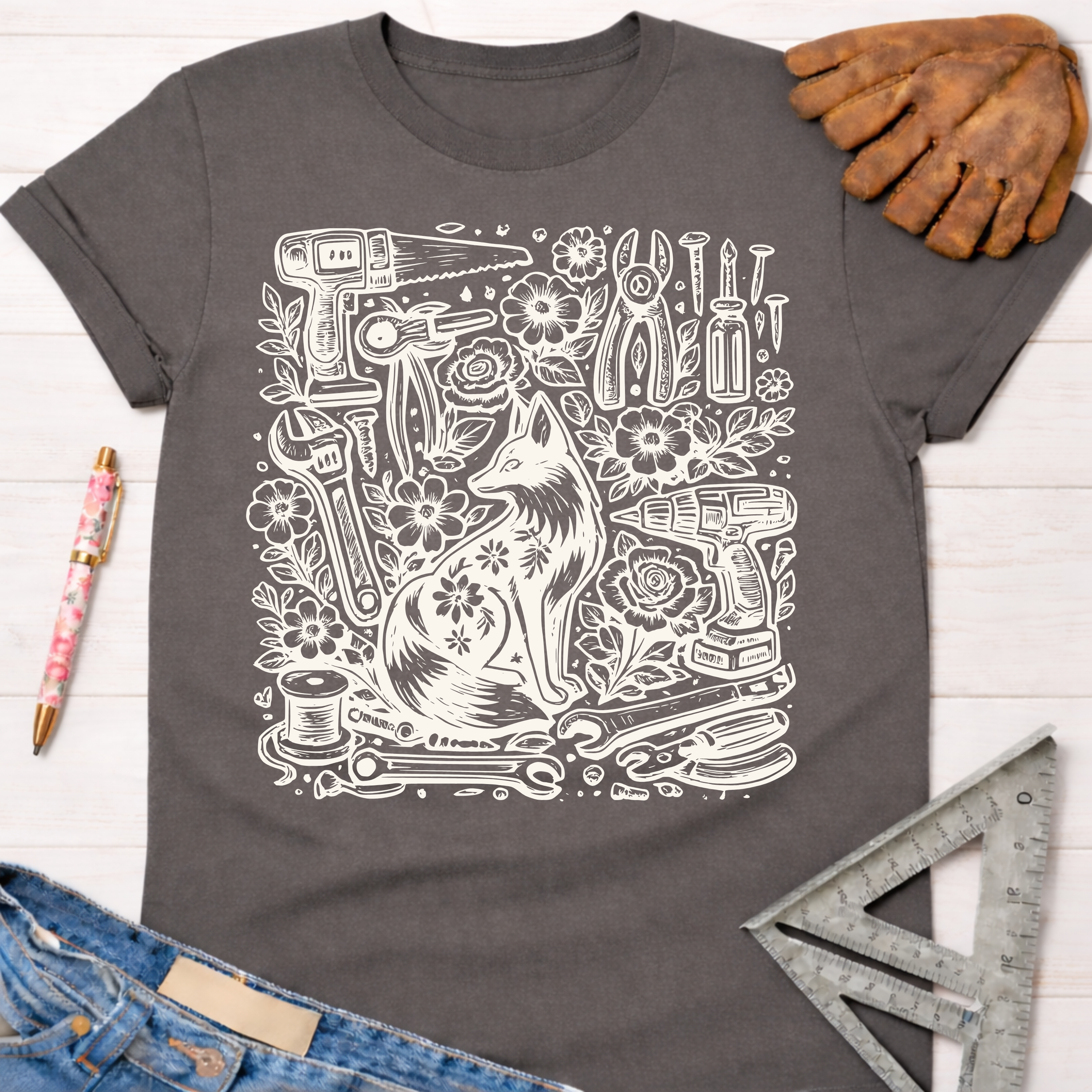 Women's funny woodworking graphic tee shirt for female woodworkers, makers, and DIY builders — Sawdust & Ponytails. Dark gray tee with a white whimsical fox and tools graphic.