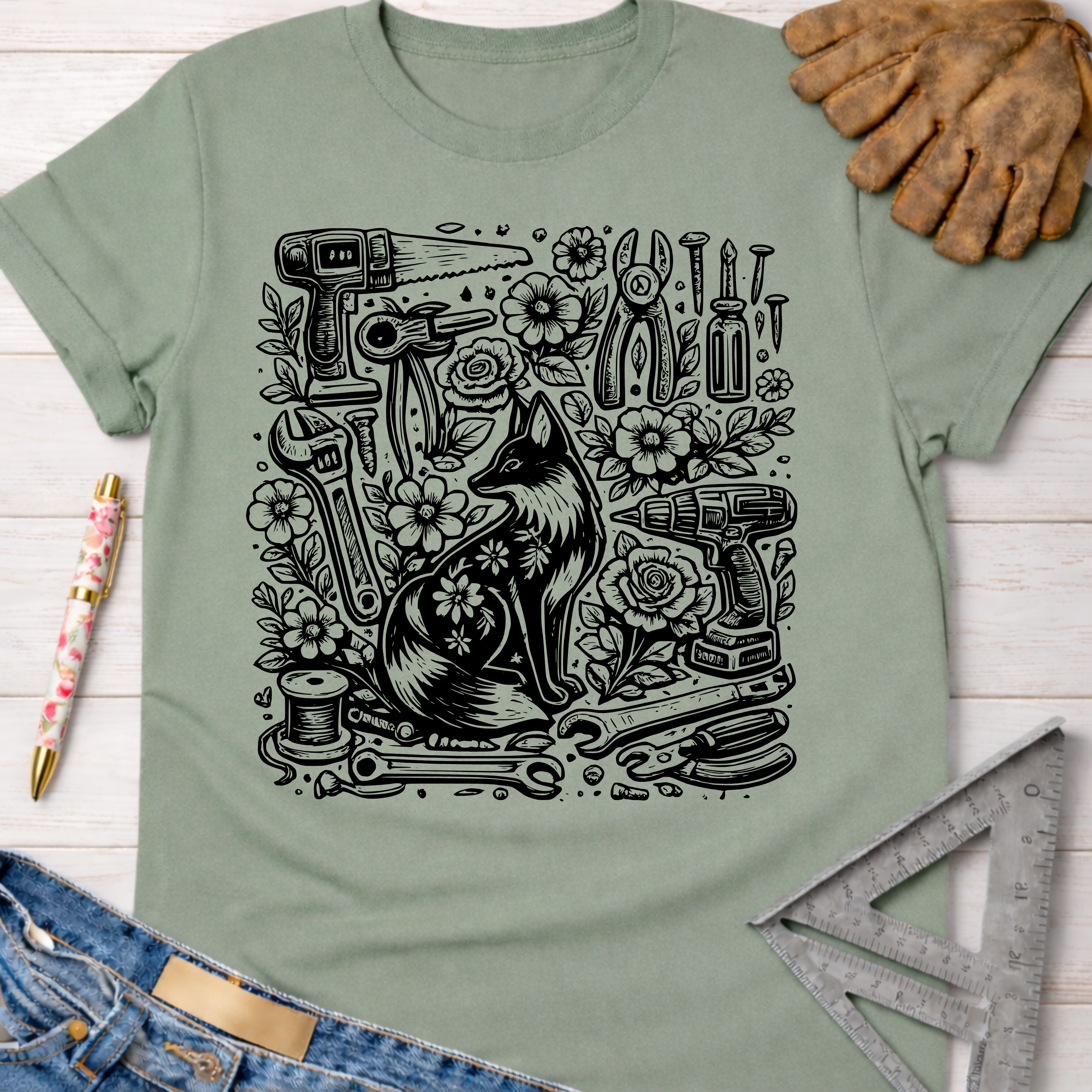 Sage green women's funny woodworking graphic tee shirt with a fox and tools design for female woodworkers, makers, and DIY builders — Sawdust & Ponytails