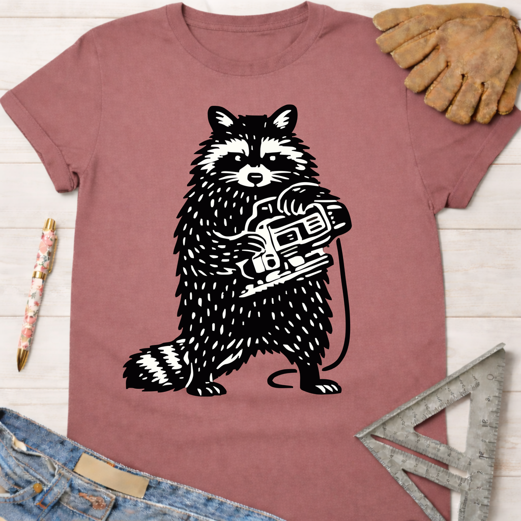 Women's funny woodworking graphic tee shirt for female woodworkers, makers, and DIY builders — Sawdust & Ponytails. Mauve t-shirt with a black and white raccoon holding a jigsaw.