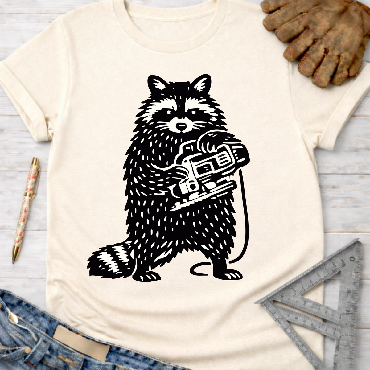 Women's funny woodworking graphic tee shirt for female woodworkers, makers, and DIY builders — Sawdust & Ponytails. Cream t-shirt with a black raccoon holding a jigsaw.