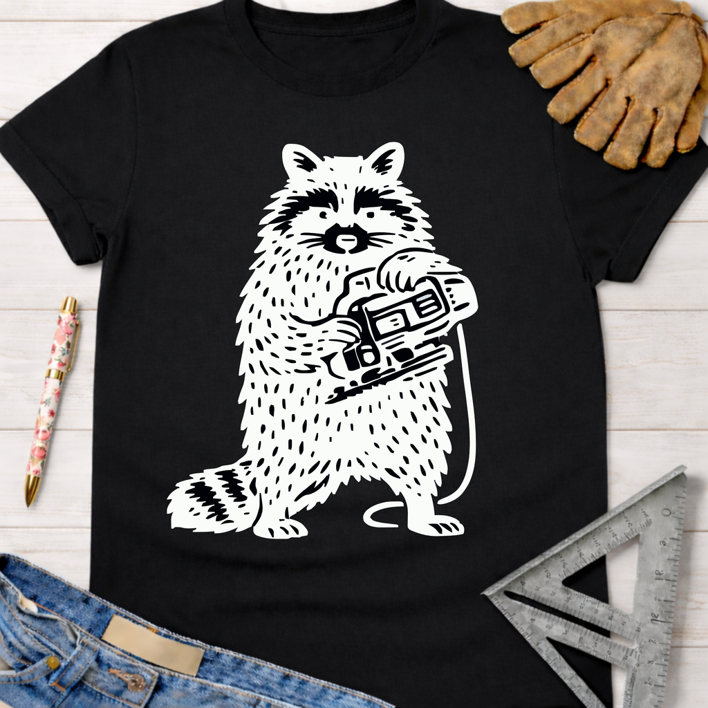 Black women's funny woodworking graphic tee with a raccoon holding a jigsaw. Sawdust & Ponytails.