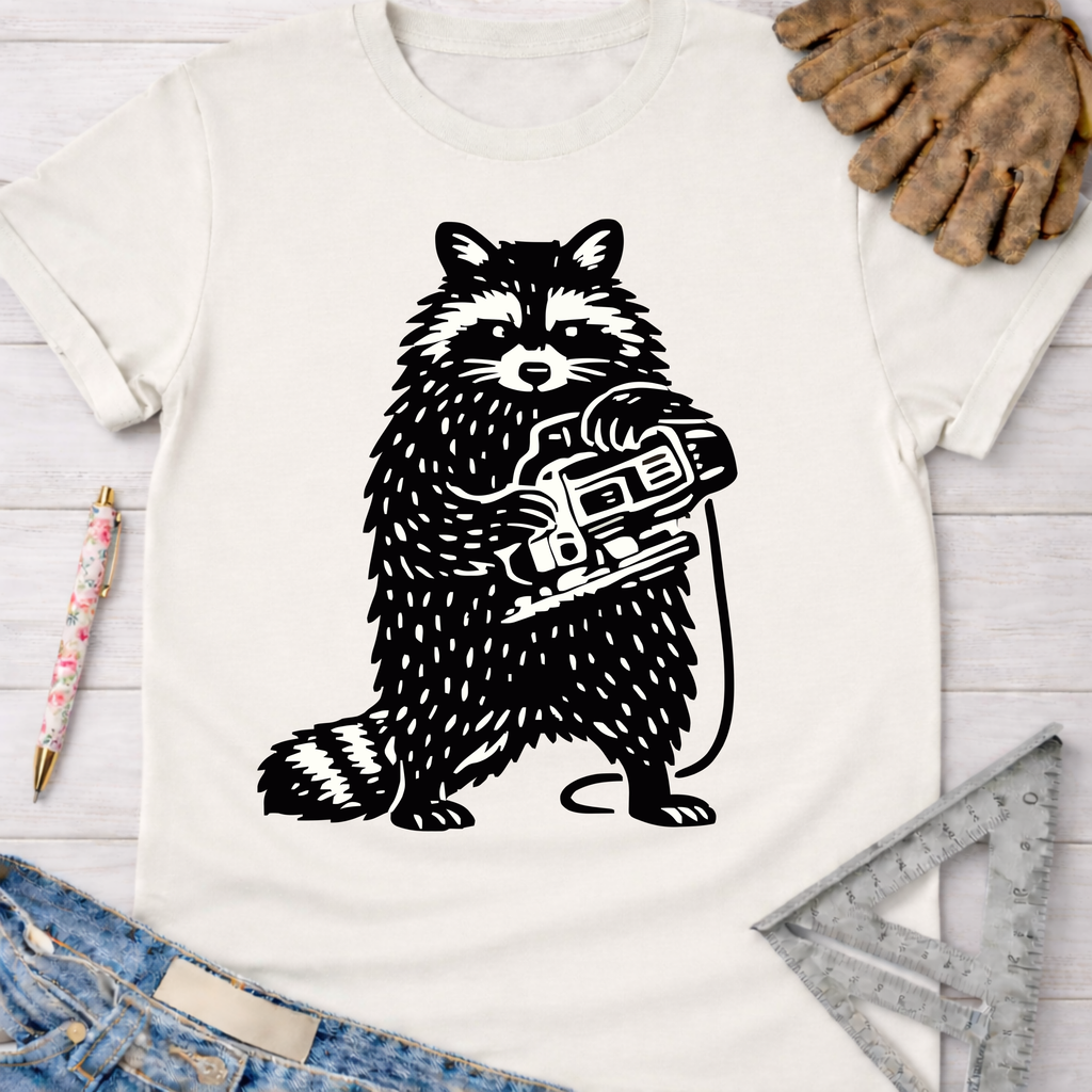 Women's funny woodworking graphic tee shirt for female woodworkers, makers, and DIY builders — Sawdust & Ponytails. White cotton tee with black raccoon holding a jigsaw.