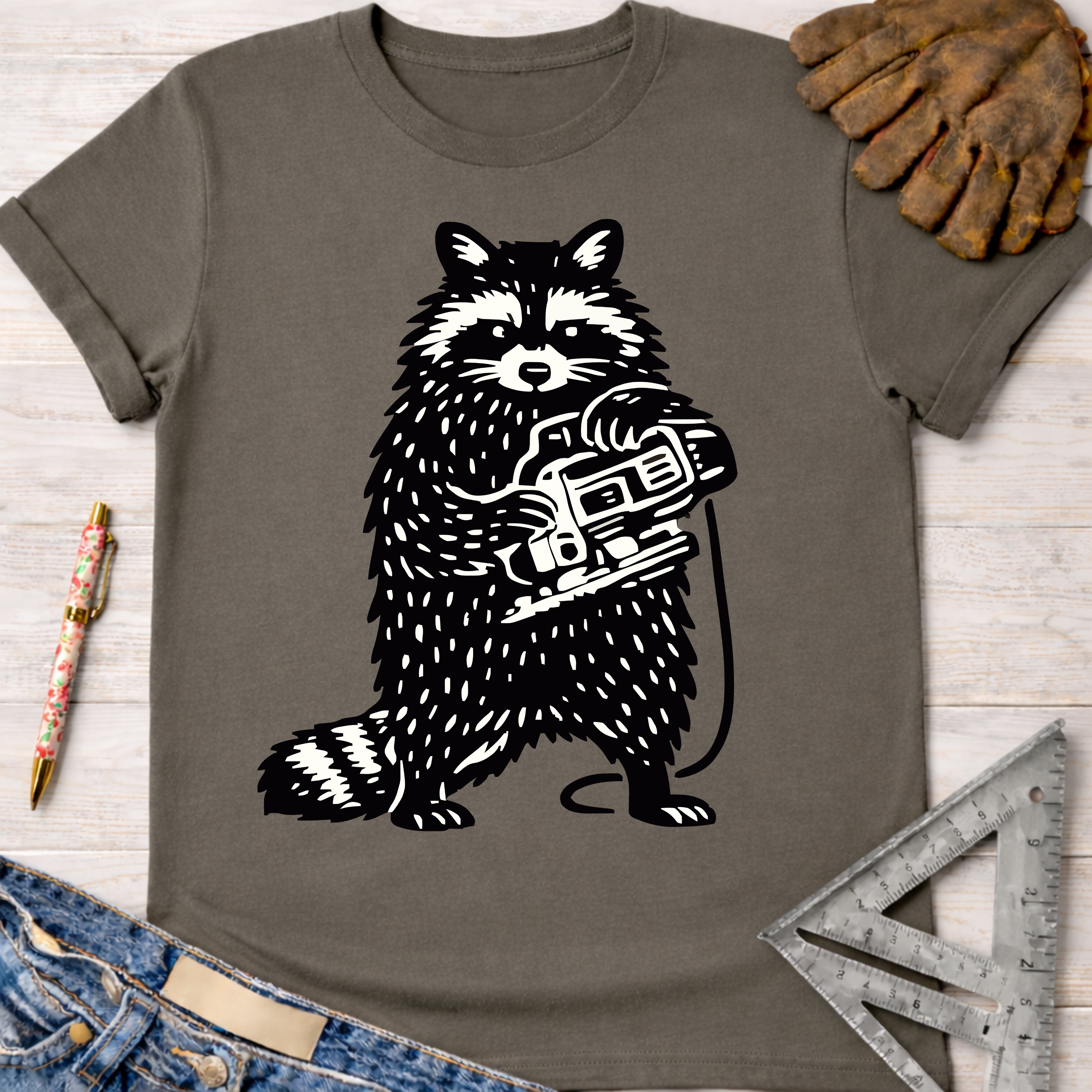 Women's funny woodworking graphic tee shirt for female woodworkers, makers, and DIY builders — Sawdust & Ponytails. Dark gray t-shirt with a black and white raccoon holding a jigsaw.