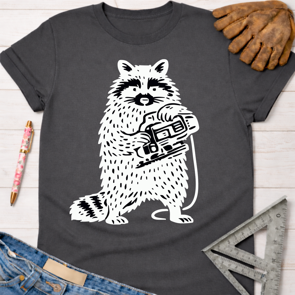 Women's funny woodworking graphic tee shirt for female woodworkers, makers, and DIY builders — Sawdust & Ponytails. Dark gray cotton tee with a white raccoon holding a jigsaw.